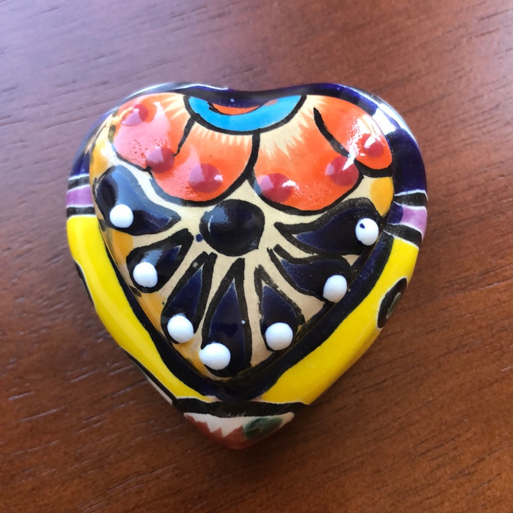 Mexican Pottery Hand Painted Ceramic Heart Lidded Trinket Box